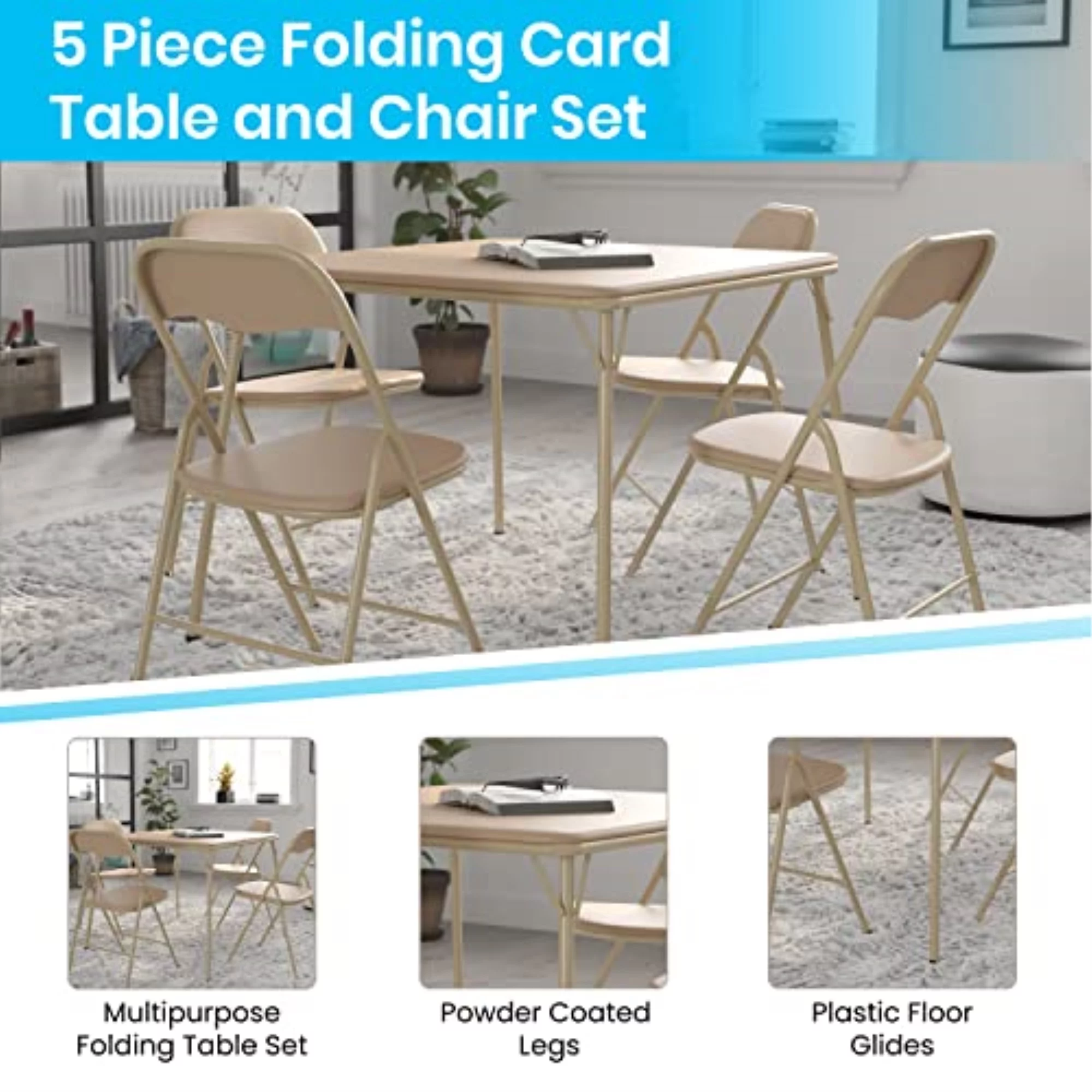 Flash Furniture Madison Vinyl 5-Pcs Folding Game Table and Chair Set, Tan