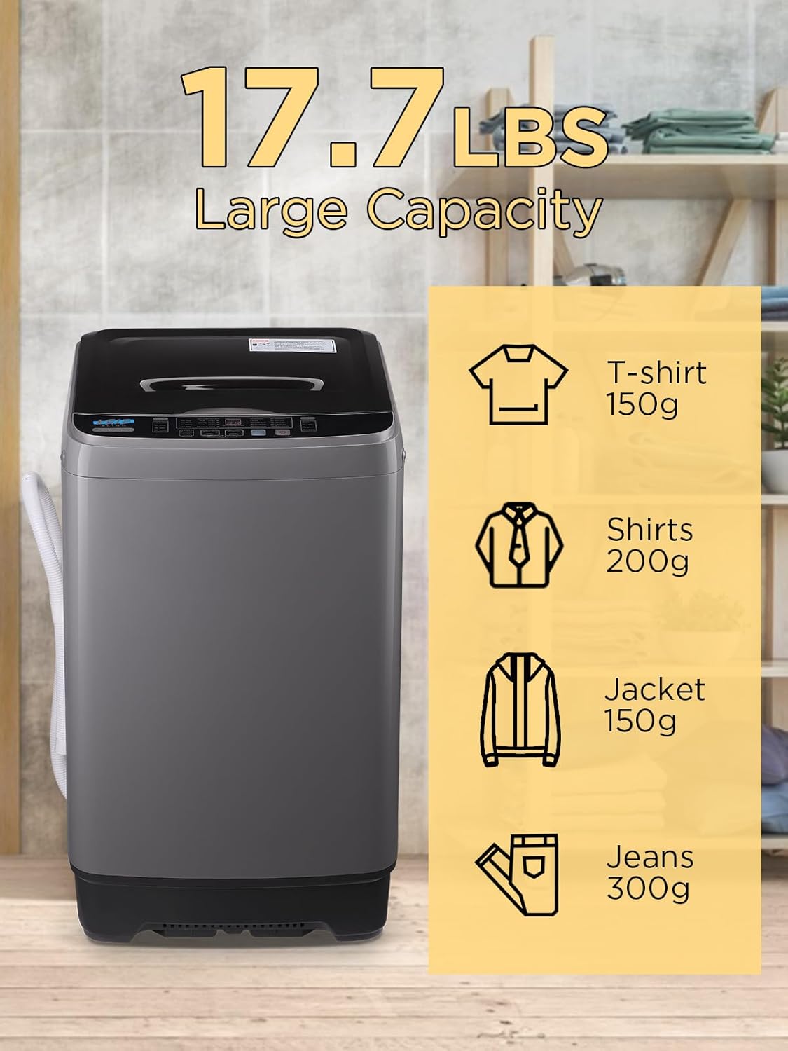 Krib Bling 17.7 lbs Full-Automatic Washing Machine with LED Display, Portable Compact Laundry Washer with Drain Pump, 10 Wash Programs 8 Water Levels