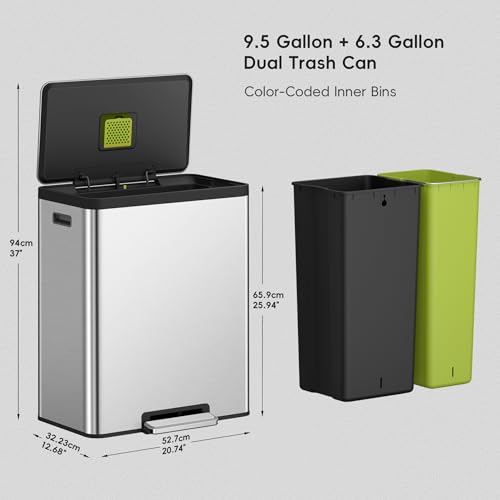 EKO EcoCasa II 36L+24L Dual Trash Can with Recycle Bin, Stainless Steel Garbage Can with Lid, Deodorizer Compartment