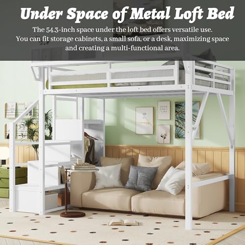 Full Size Loft Bed with Desk and Stairs, Heavy-Duty Steel Loft Bed Frame with Wardrobe & LED Light