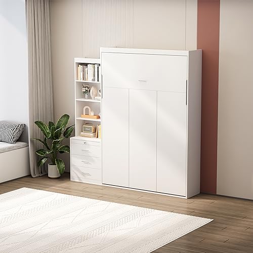 Full Size Murphy Bed with Drawers, Cabinets and USB Ports,Wood Murphy Bed Cabinet Bed Removable Shelves
