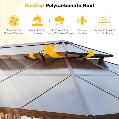 MELLCOM 10'x13' Hardtop Gazebo with Polycarbonate Double Roof, Aluminum Frame Outdoor Gazebo Permanent Pavilion with Curtains and Netting for Patio