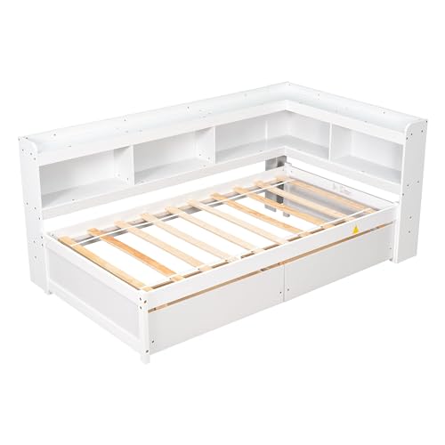 DEINPPA Twin Size Bookcase Bed, L Shape Captain Bed Frame with Storage Drawers, Wooden Platform Bed with Bookcase Headboard