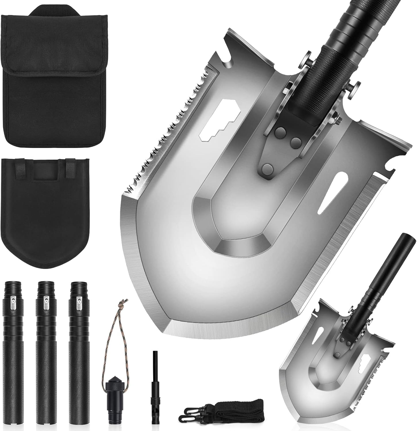 Survival Shovel Multitool, FLYEGO One-Key Lockable Quick Install Folding Military Camping Shovel with Carrying Case for Off-Roading, Camping