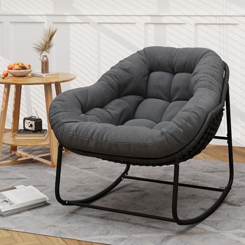 Outdoor Indoor Rocking Chair, Patio Wicker Egg Chair, Indoor & Outdoor Comfy Oversized Papasan Chair with Padded Cushion