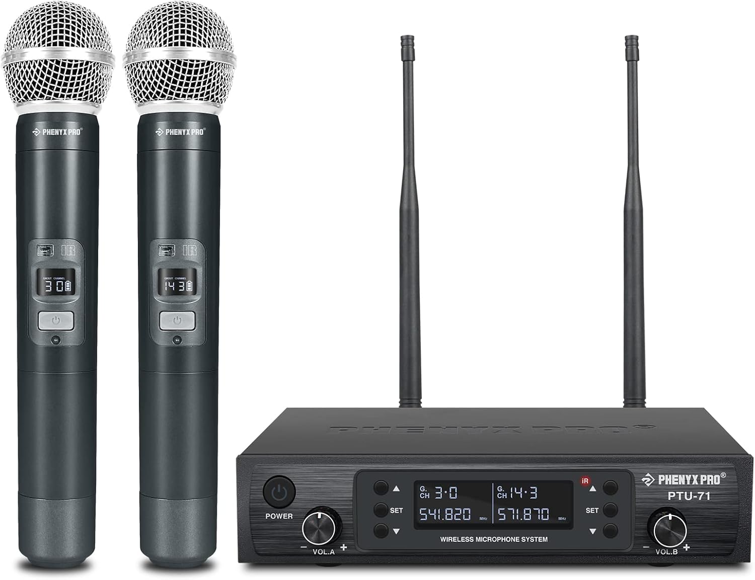 Wireless Microphone System, Phenyx Pro Dual Handheld Cordless Mic Set, 2x100 Channels, Auto Scan, Lock Function, Mute Function, 290-328ft Coverage