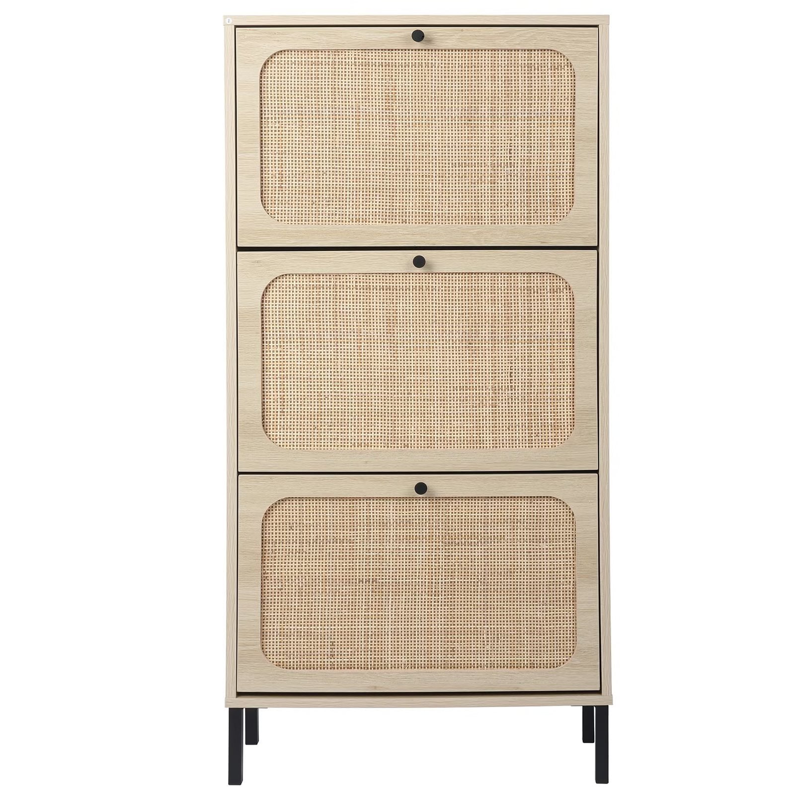 Lecut Rattan Shoe Cabinet 3 Flip Drawer Shoe Cabinet Organizer with Adjustable Shelves Freestanding Wooden Shoe Rack Storage Cabinet With Metal Legs