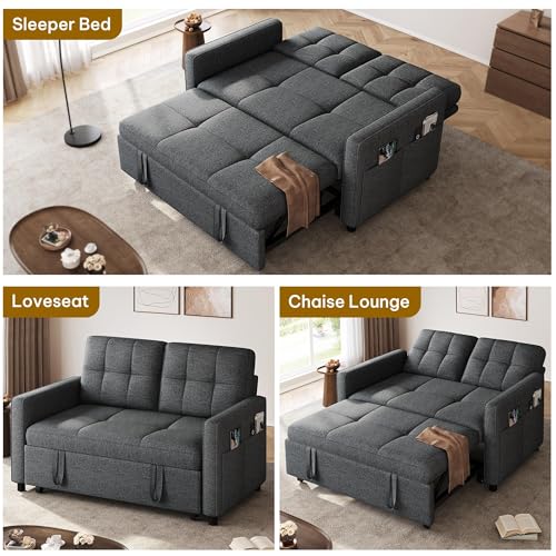 DWVO 55" Convertible Sofa Bed, 3-in-1 Sleeper Sofa with Pull-Out Bed, Linen Futon Couch with Adjustable Backrest and Side Pocket