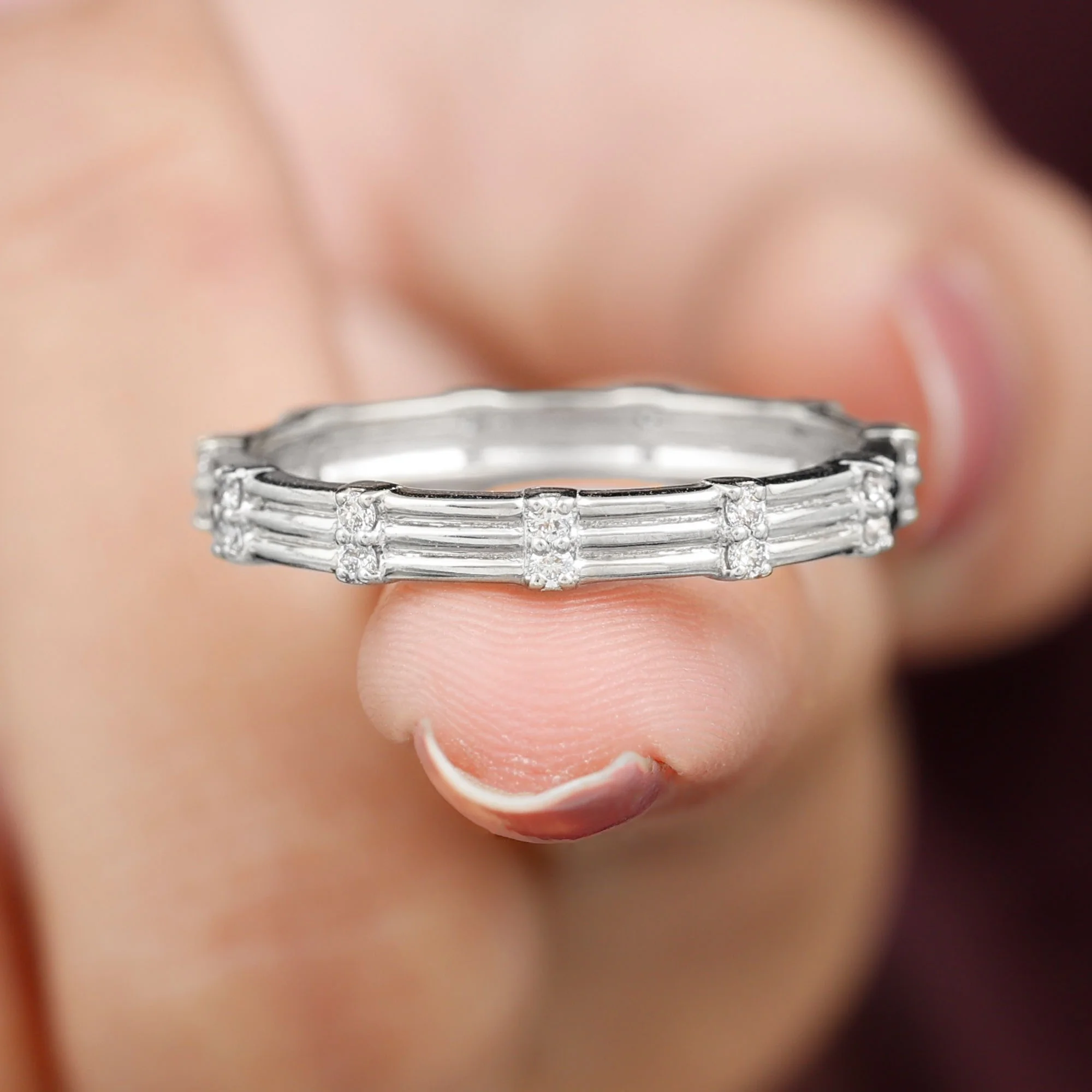Simple Diamond Stackable Gold Band Ring in Pave Setting, 925 Sterling Silver, US 4.00