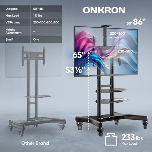 ONKRON Mobile TV Stand on Wheels for 50-86 Inch TVs, max Load up to 233 lbs, Adjustable Height TV Stand Movable, max VESA 800x500 - Portable