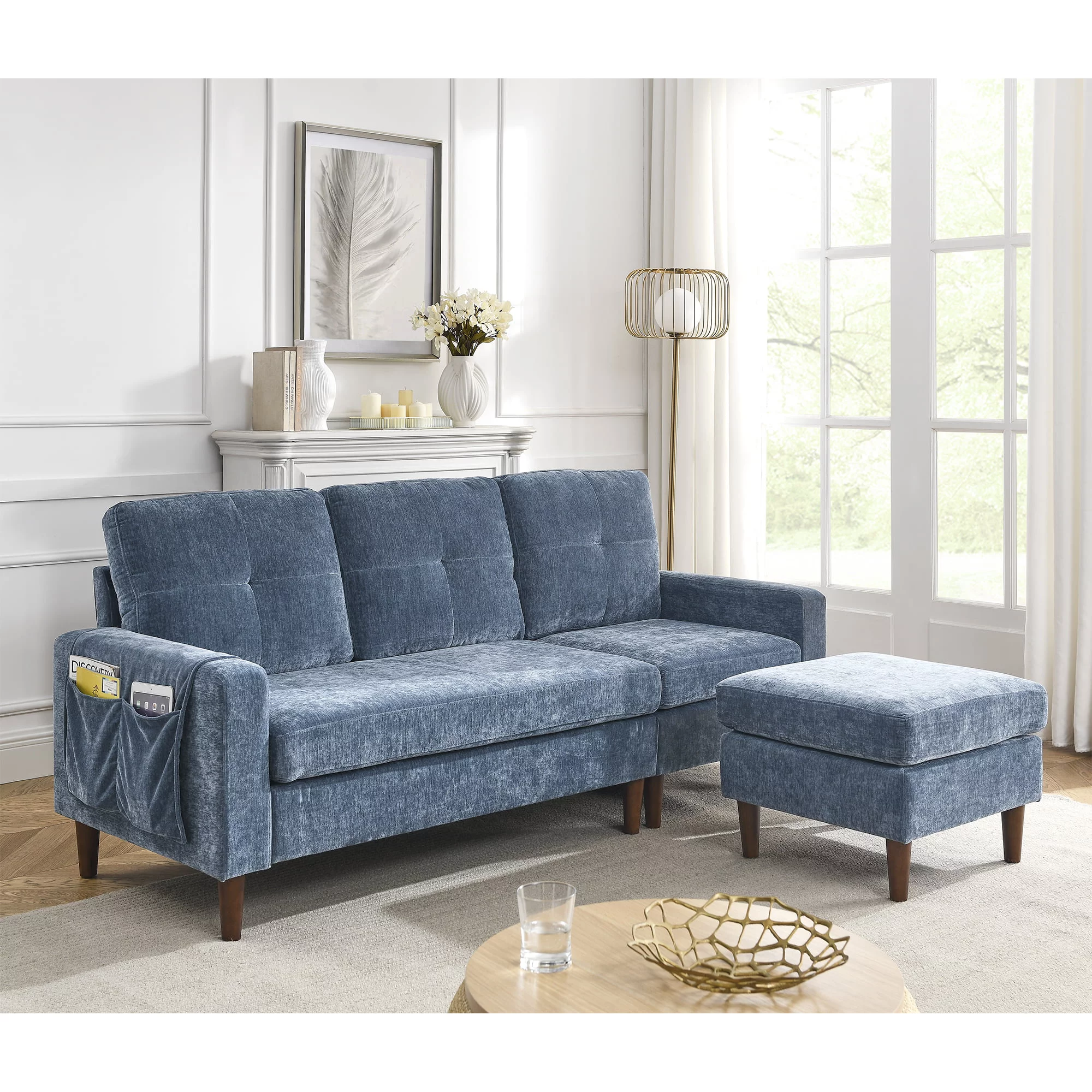 80" Convertible Sectional Sofa Couch, 3 Seats L-shape Sofa with Removable Cushions and Pocket, Rubber Wood Legs, Navy Chenille