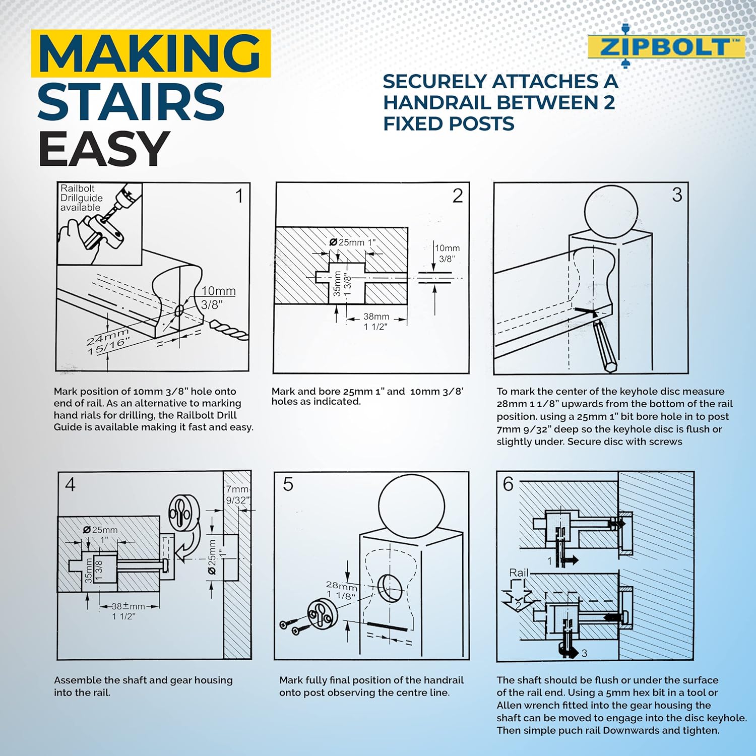 Zipbolt 13.810 Slipfix Railbolt - Staircase Handrail or Banister to Newel Post Connector - 5 Pack