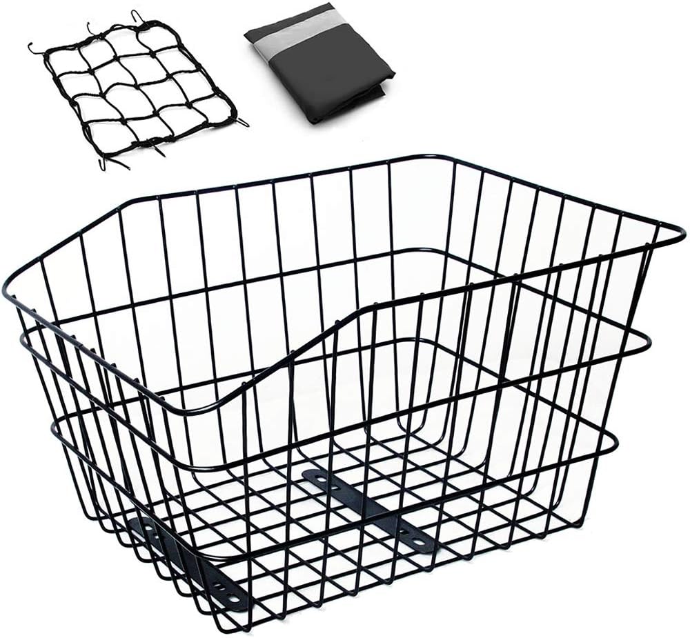 Hoobbii Rear Bike Basket, Waterproof Metal Wire Bicycle Basket with Adjustable Cargo Net and Waterproof Rainproof Cover Fits to Most Rear Bike Racks