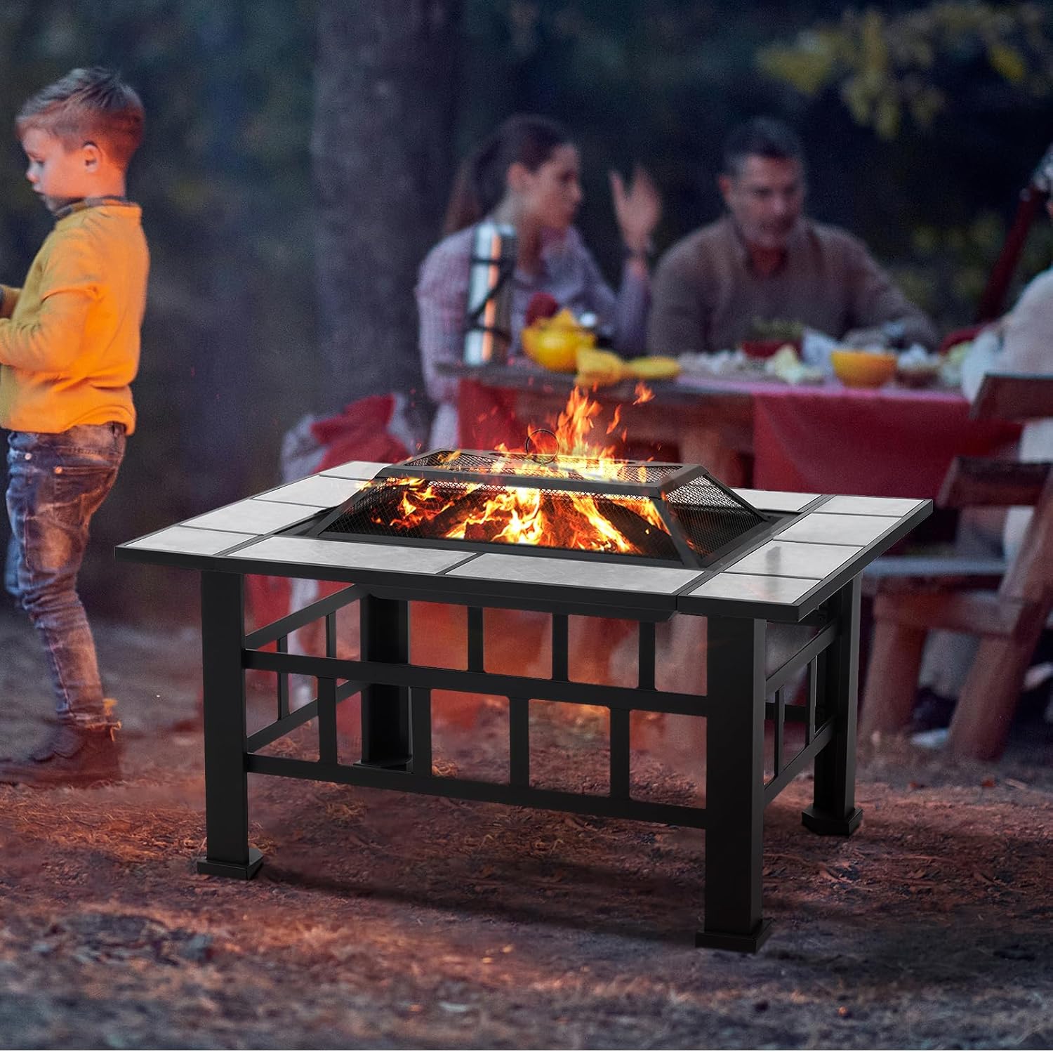 Fire Pit Table for Outside 37 Inch Square Firepits with Grill Large Wood Burning Heavy Duty Steel BBQ Bonfire Pit Outdoor Cooking with Spark Screen