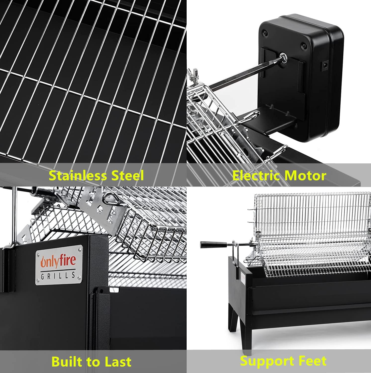 Onlyfire 2 IN 1 Charcoal Grill Rotisserie Kit with 3 Stainless Steel Rotating Baskets and 24 In Grill Grate