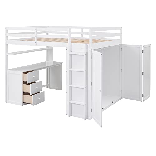 Harper & Bright Designs Full Loft Bed with Desk and Wardrobe,Solid Wood Loft Bed Frame Full with Storage Drawers for Kids Teens Adults