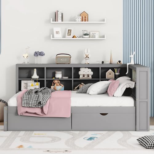 Twin Size Daybed with Bookcase and Drawers, L-Shape Daybed with USB Ports and Storage Headboard