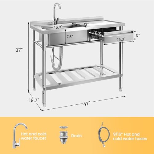 Stainless Steel Utility Sink, 47.2'' Free Standing Single Bowl Kitchen Sink with Right Drawer, Cold and Hot Water Pipe