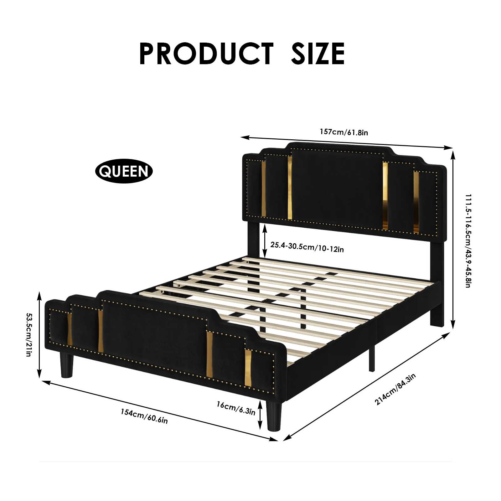 Homfa Queen Bed Frame, Luxury Velvet Upholstered Headboard with Golden Iron Sheet & Rivets, Platform Bed with Adjustable Headboard, Black