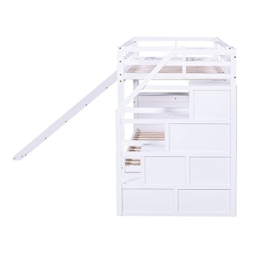 Full-Over-Full Castle Style Bunk Bed with 2 Drawers and 3 Shelves, Wood Bunk Bed Frame with Slide and Storage Staircase for Kids Teens Boys Girls
