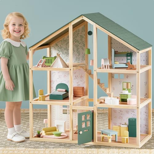 Tiny Land Wooden Dollhouse for Girls - 6 Rooms Wooden Doll House, DIY Pretend Doll House with 31Pcs Furniture Accessories