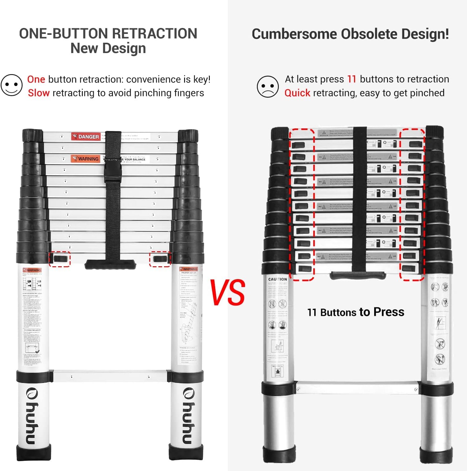Telescoping Ladder, Ohuhu Upgraded 12.5 FT Aluminum One-Button Retraction Extension Ladder ANSI Certified Retractable Collapsible Ladders
