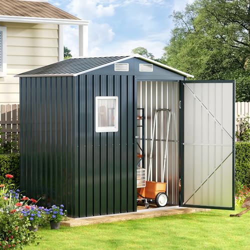 6x4FT Outdoor Steel Storage Shed with Clear Window, Lockable Doors, Weather-Resistant Metal Tool Shed for Garden, Backyard, Patio, and Utility Storage