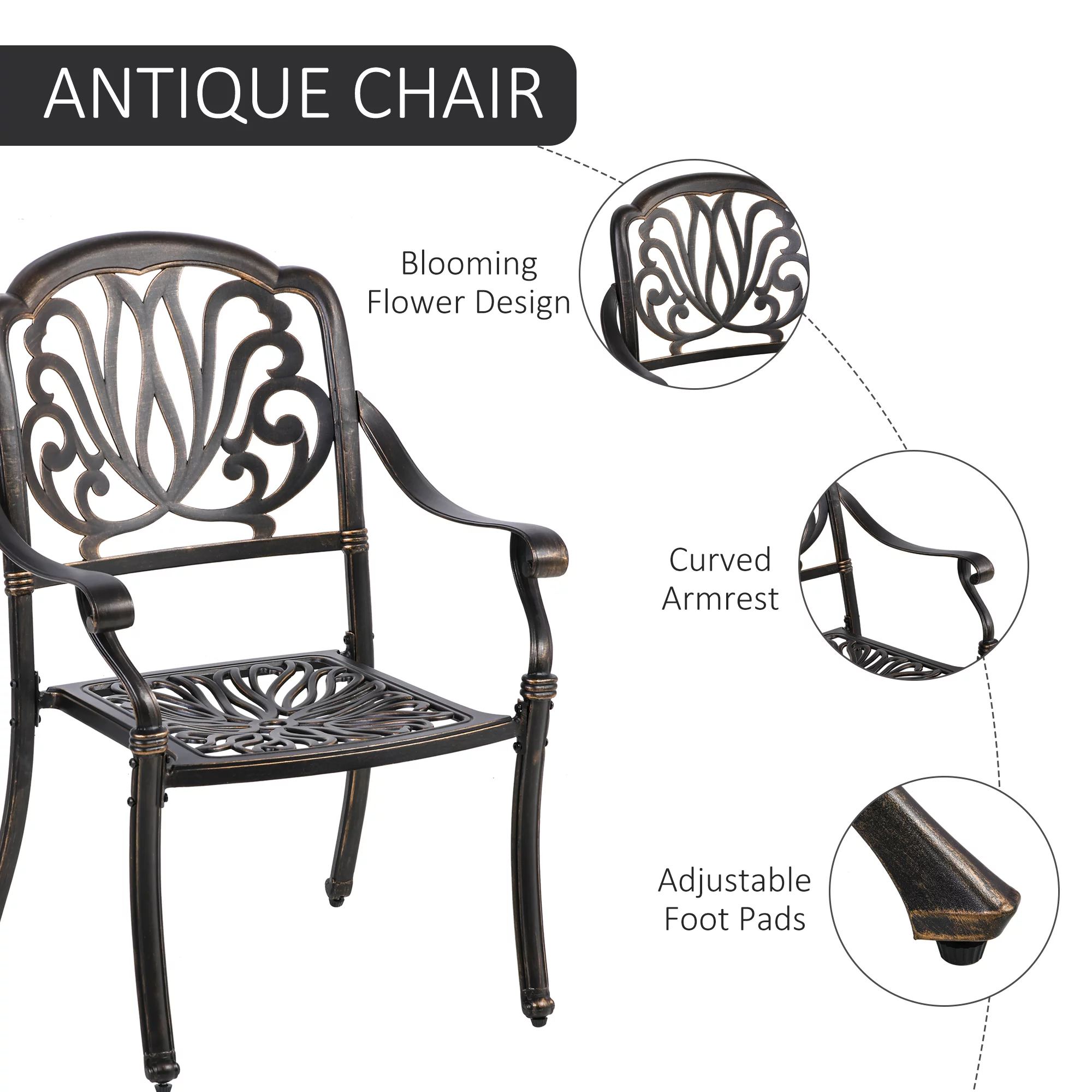 Outsunny Cast Aluminum Patio Dining Set for 4, Umbrella Hole, Bronze