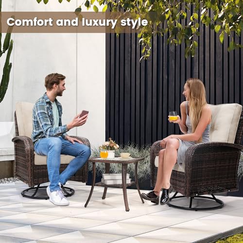 3 Piece Rattan Wicker Bistro Set, Outdoor Conversation Furniture Set with Glass Top Table, Space Saving for Balcony, Backyard, Natural
