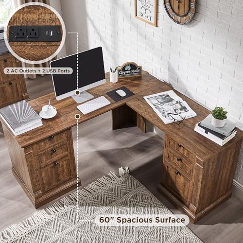 OKD 60" Executive Desk with Drawers, Farmhouse Home Office Desk with Charging Station, Keyboard Tray, File Cabinet Storage