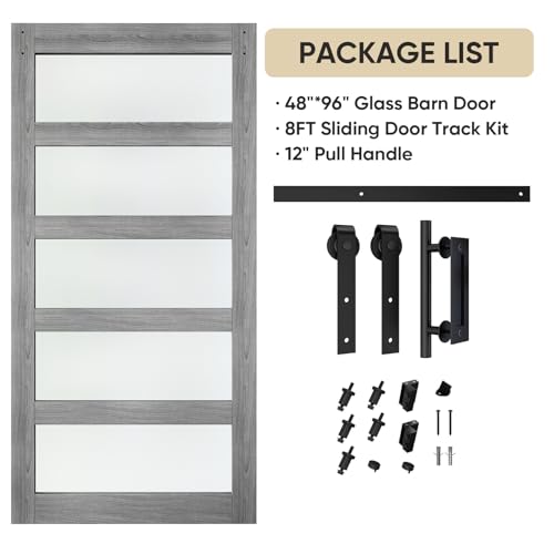 BARNSMITH 42in x 84in Glass Barn Door with 7FT Sliding Door Hardware Kit Included & Handle