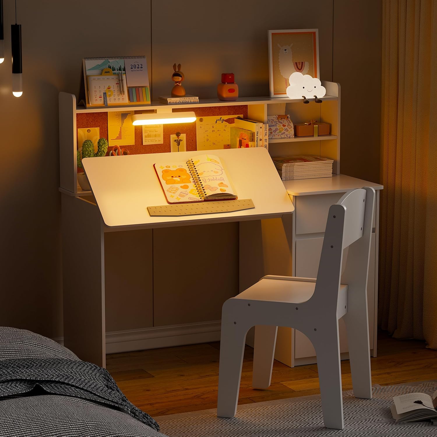 PAKASEPT Kids Desk and Chair Set,Kids Study Desk with 3-Color Lights,Tiltable Desktop,Multi Functional Study Table for Kids 5-12
