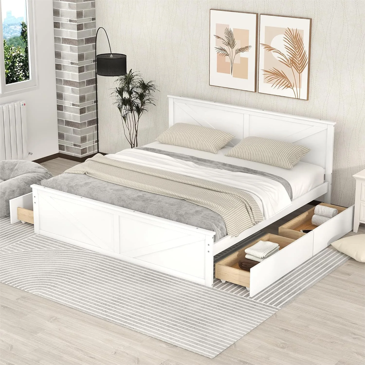 Kig Size Platform Bed, Woode Platform Bed Frame With 4 Storage Drawers Ad Support Legs, o Box Sprig eeded, White