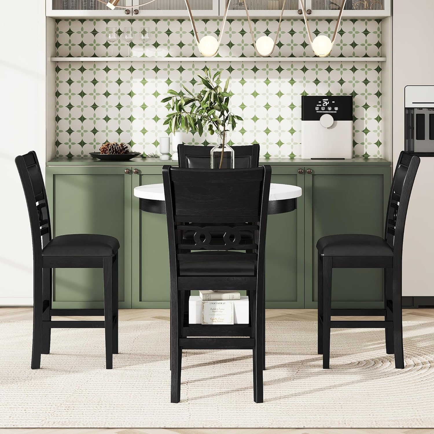 5-piece Counter Height Dining Round Table Set with One Faux Marble Top Dining Table and Four PU-leather Chairs,Dark Espresso