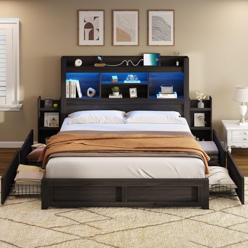 AMERLIFE Queen Bed Frame with 4 Storage Drawers, LED Platform Bed with 49" Bookcase Headboard