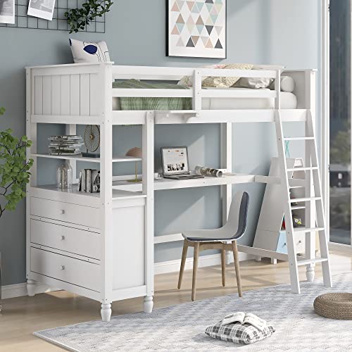 Harper & Bright Designs Full Loft Bed with Desk and Wardrobe,Solid Wood Loft Bed Frame Full with Storage Drawers for Kids Teens Adults