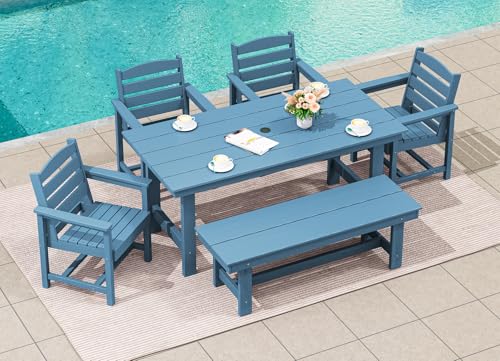 SERWALL Outdoor HDPE Dining Table Set, 7-Piece Outdoor Dining Table Sets with Umbrella Hole Cut-Out Table and 6 Chairs, Gray