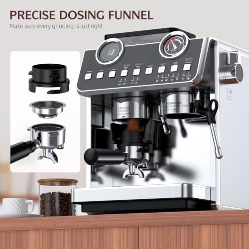 Espresso Machine with Grinder, 20 Bar Pressure Professional Espresso Maker with 30 Grinding Settings, 58mm Portafilte