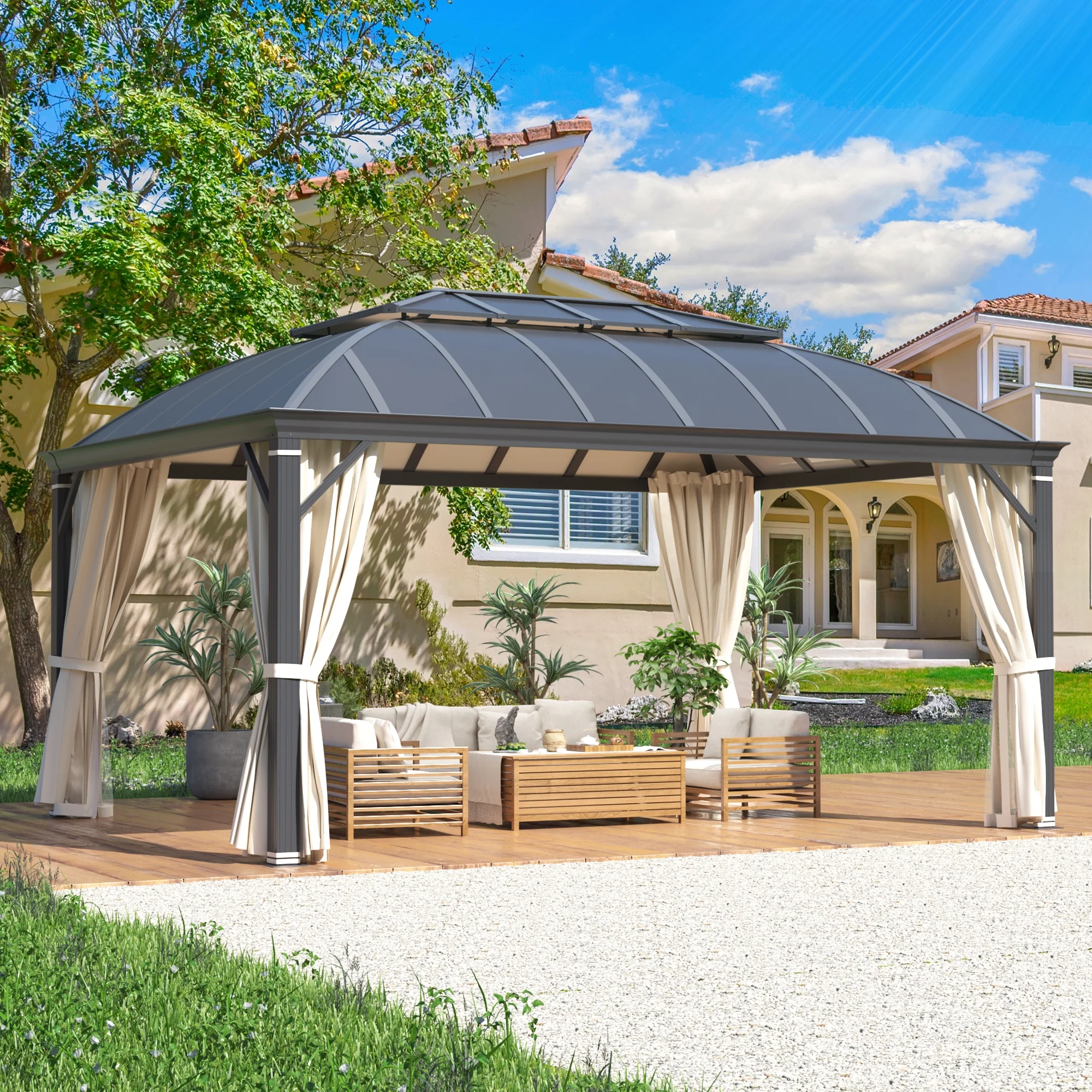 Richryce 12'x16' Hardtop Gazebo, Permanent Outdoor Aluminum Patio Gazebo with Aluminum Composite Double Roof for Patio Lawn and Garden
