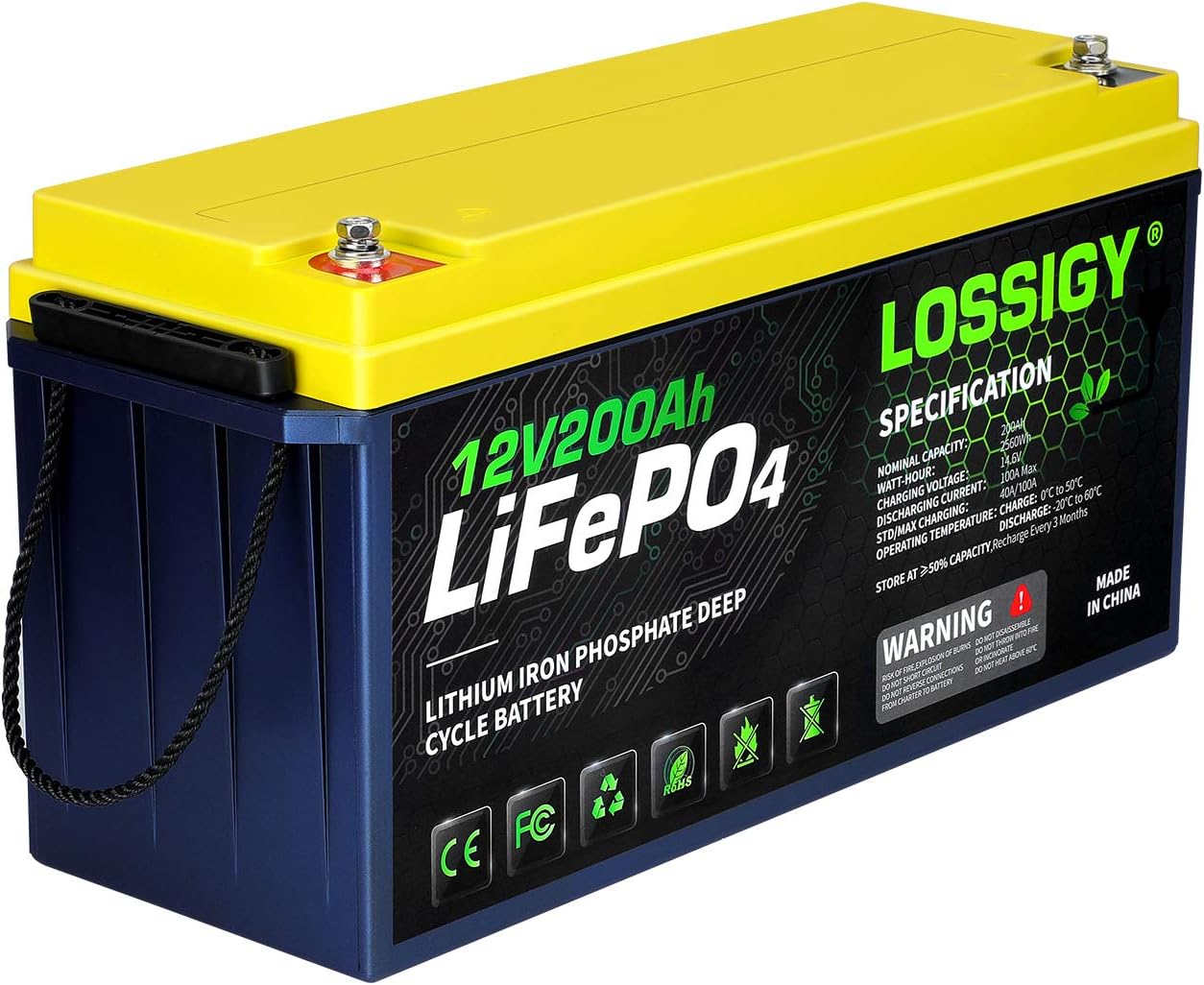 LOSSIGY LiFePO4 Battery 12V 200Ah Deep Cycle Lithium Ion Battery, Built-in 100A BMS, 4000+ Cycles, 280Amp Max, Perfectly replace all RV