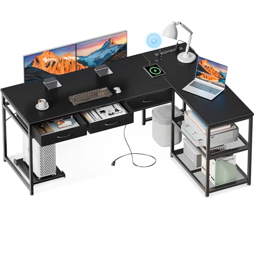 AODK 53 Inch L Shaped Computer Desk with Drawers, Corner Desk with Power Outlets & Reversible Storage Shelves