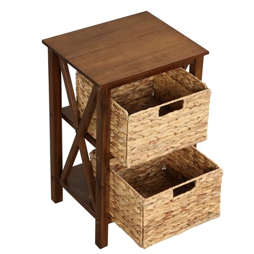 Giantex 2-Tier Nightstand with Wicker Baskets Set of 2, Wooden X-Design Side Table End Table, Beside Table with Acacia Wood Legs