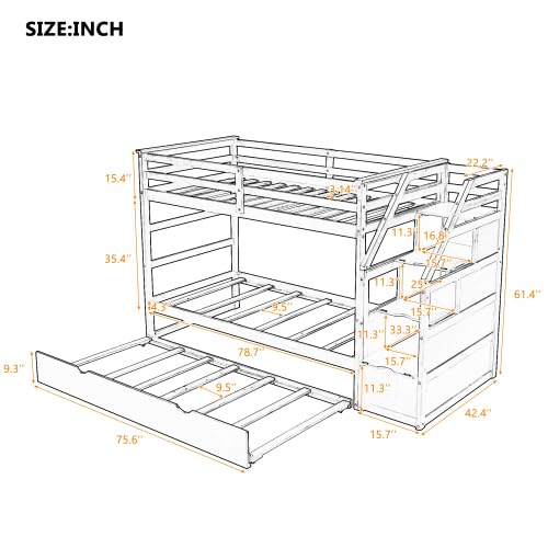 Harper & Bright Designs Twin Over Twin Bunk Bed with Trundle, Wood Bunk Bed with Storage Stairs for Kids Teens Adults (Walnut)
