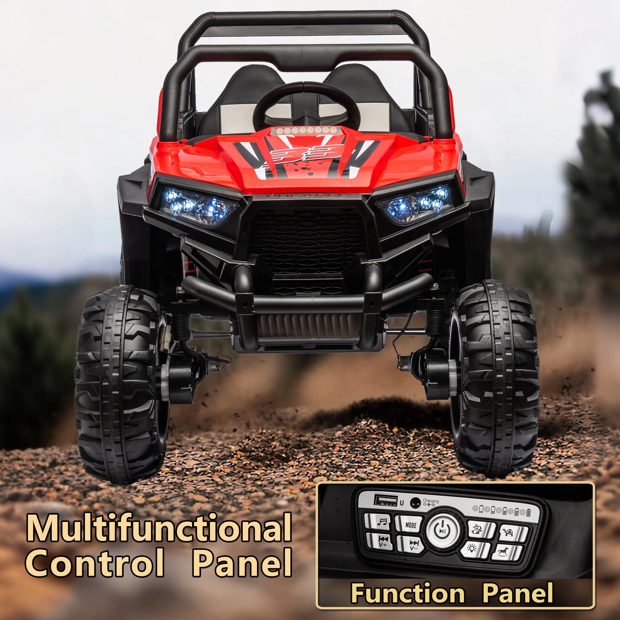24V 2 Seater Ride on Car for Kids, 4 Wheel Drive Truck with Leather Seat and Remote Control, 24V Battery Powered Off-Road UTV Toy with LED Lights