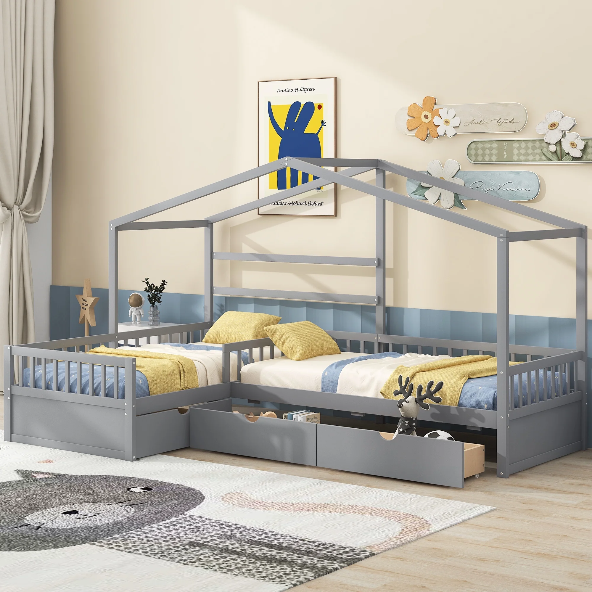 Churanty L Shaped Twin Bed for 2 Kids, Twin Size House Platform Bed with 3 Storage Drawers, Wood Double Twin Beds with Fence and Roof