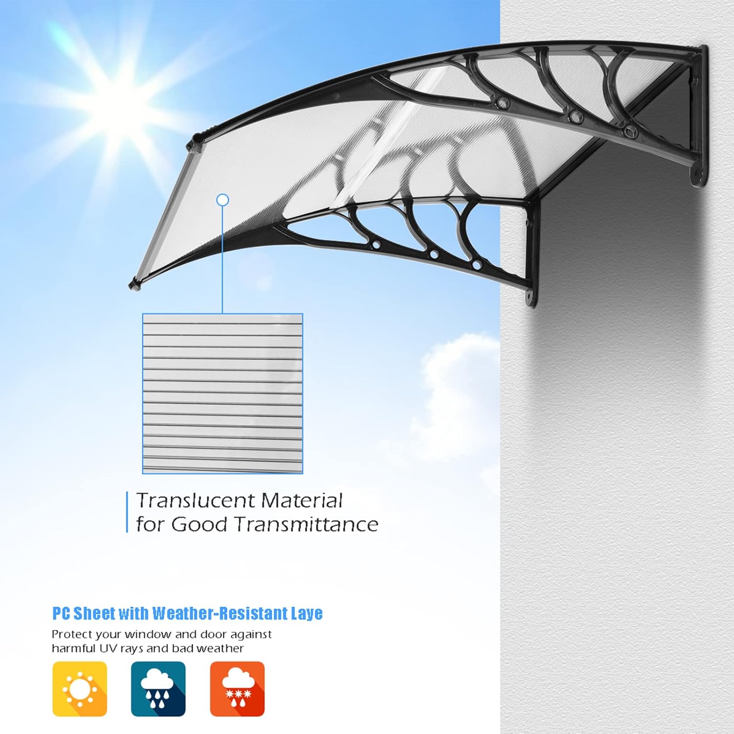 MATICO 79 Outdoor Clear Door Awning Patio Window Cover Polycarbonate Rain & Snow Protection, Modern Black Hollow Sheet with UV Protection Cover