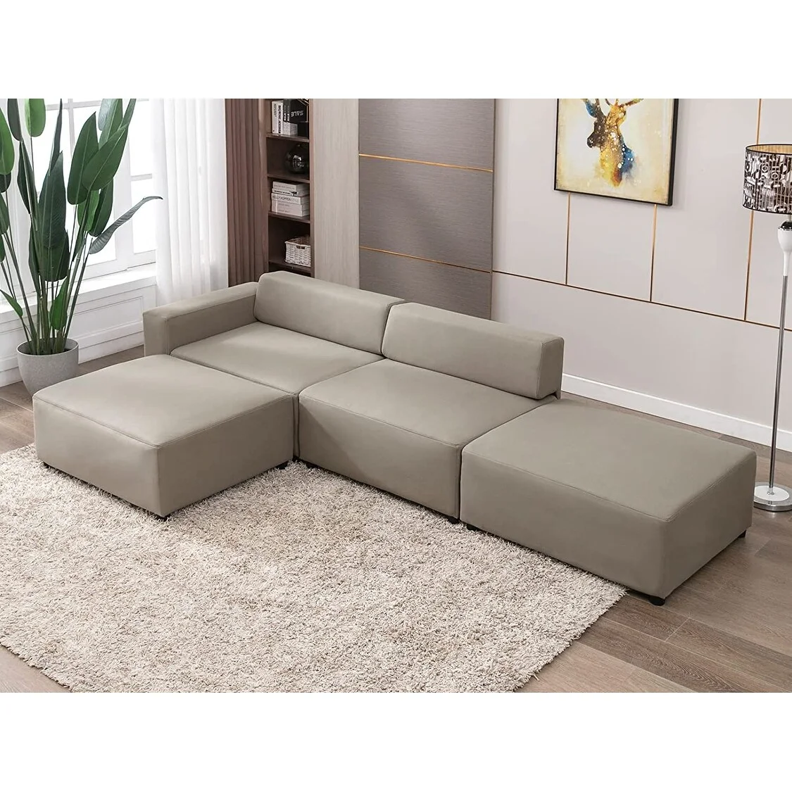 L Shape Modular Sofa,Convertible Sectional CouchRoom,Oversized  Sectional Sofa,Reversible Chaise Couch with Ottomans Light Grey