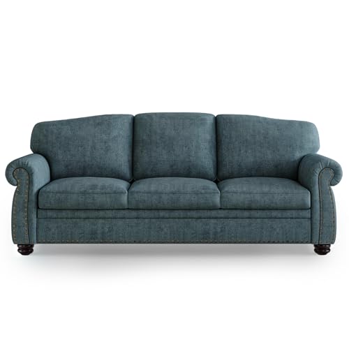 90 Inch Nailhead Trim Couch for Living Room, 23 Inch Deep Seat Rolled Arm Sofa, Comfy Upholstered 3 Seater Chenille Couch w/Wooden Leg