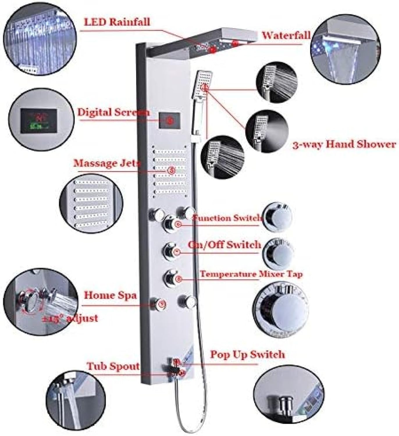 Shower System, Luxury LED Rain Waterfall Shower Panel Column Shower Faucet Set 4 Multi-functional Nozzles Massage SPA Jet Digital Screen