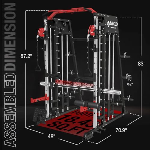 Mikolo Smith Machine, 2200lbs Squat Rack with LAT-Pull Down System & Cable Crossover Machine, Training Equipment with Leg Hold-Down Attachment